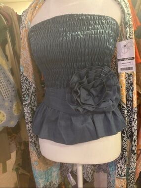 Strapless  Peplum Top with Floral Waist Accent Belt Slate Blue Sz L NWT